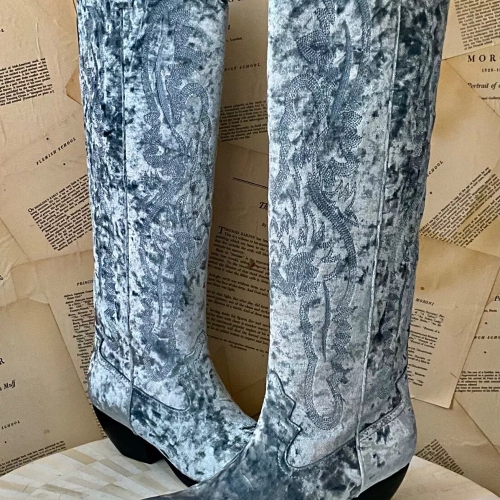 Free People Jeffrey Campbell Finn Tall Western Boots Aqua Blue Velvet - Picture 4 of 8